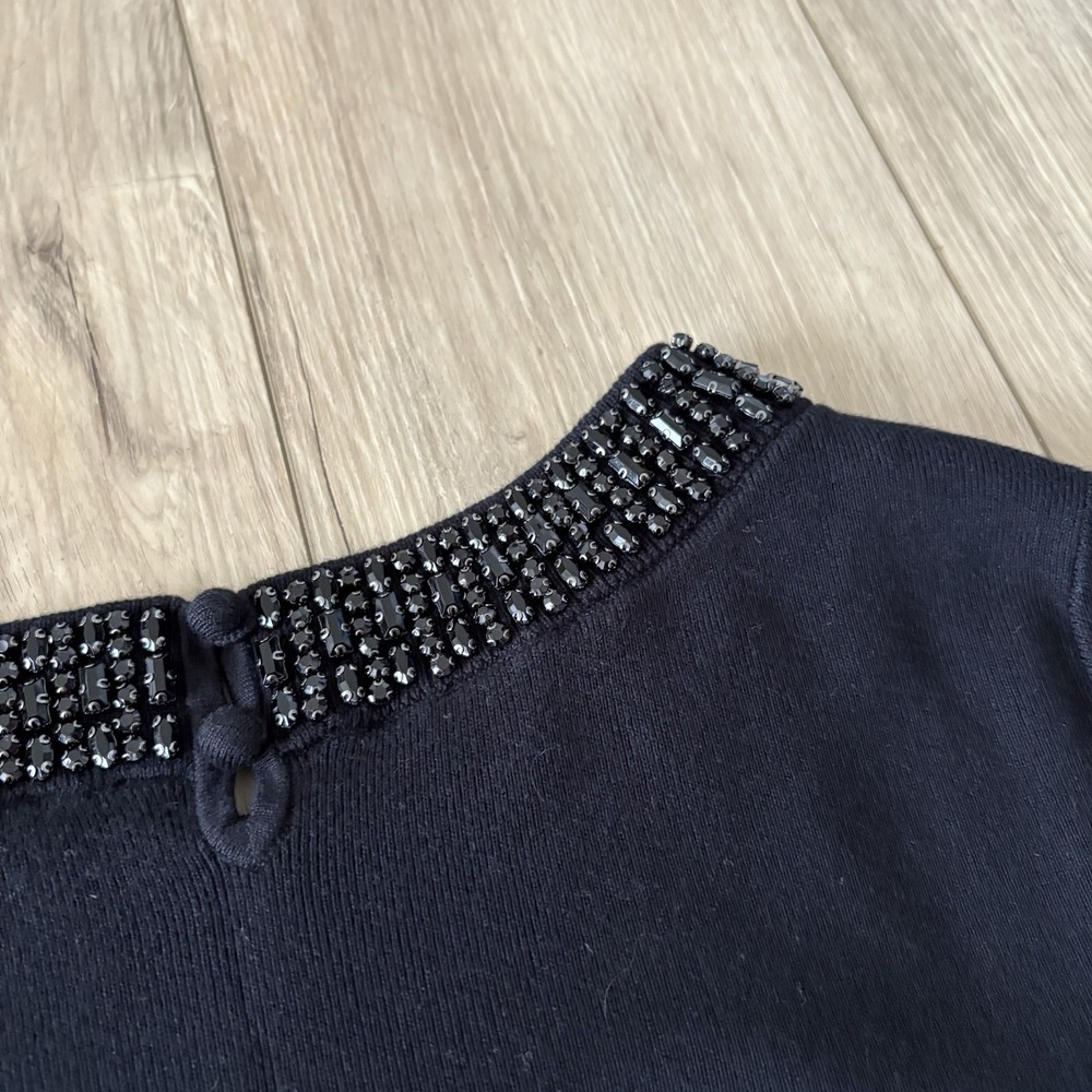 Talbots Black Jeweled Neckline Short Sleeve Knit Top Rhinestone Sweater Large L - Picture 6 of 7